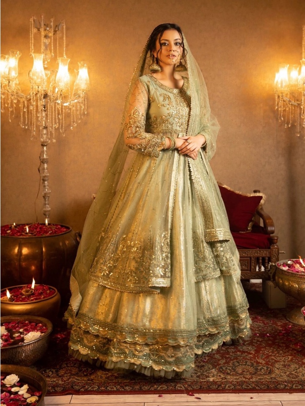 Elegant Women's Sage Green Embroidered Bridal Dress
